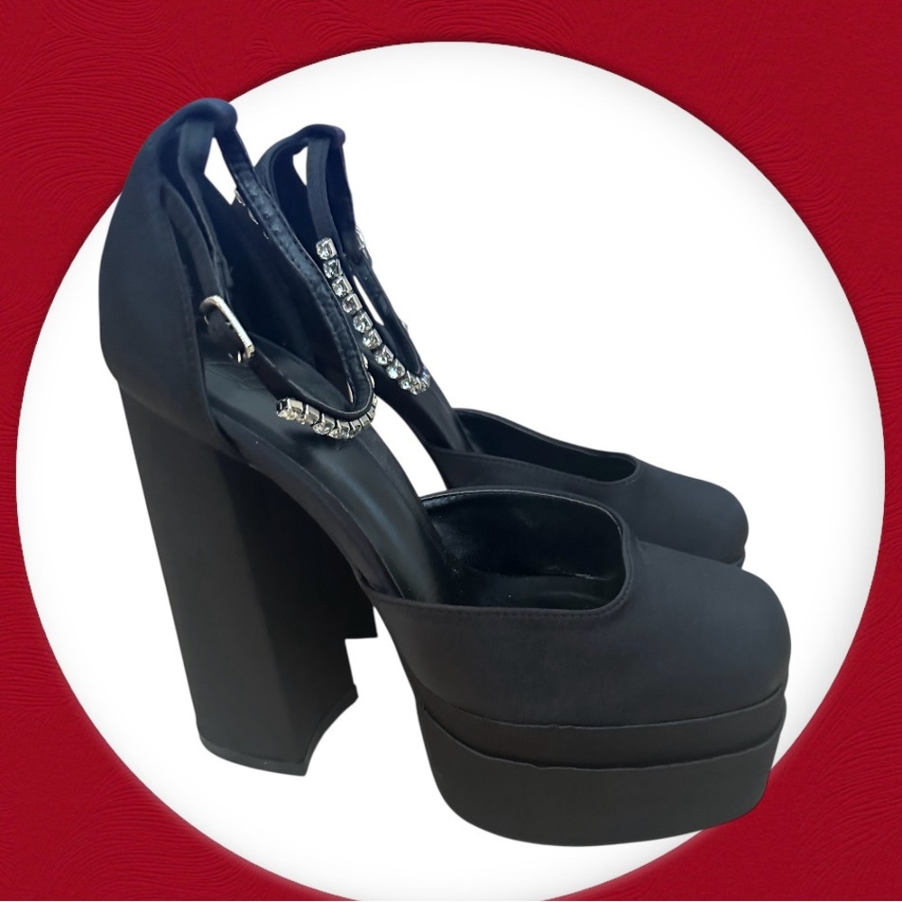 Satin Black Platform Heels w/Jeweled Ankle Straps